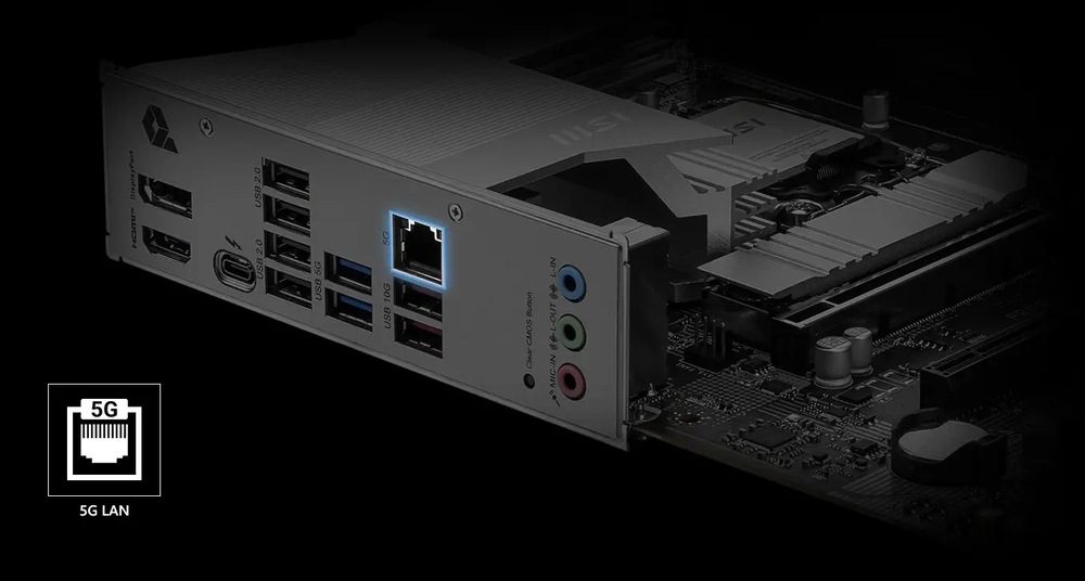  Základní deska se zvýrazněným portem 5G LAN s několika porty USB, HDMI a audio. Ikona 5G LAN na tmavém pozadí.
