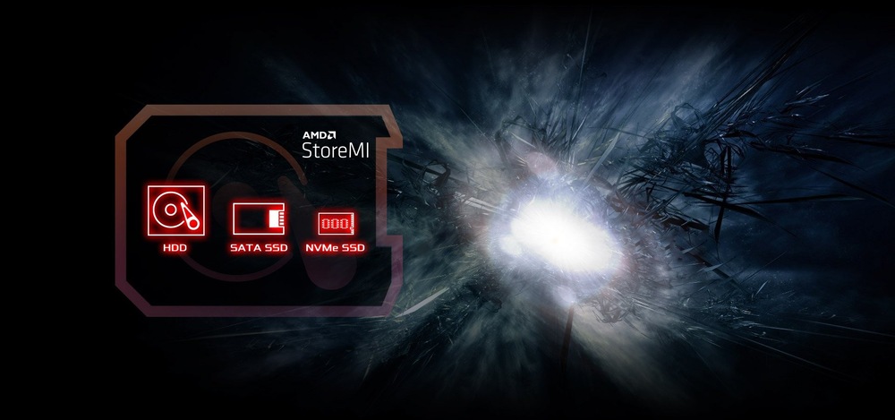 Základní deska ASRock B550M PRO4 Abstraktní obrázek znázorňující technologii AMD StoreMI. Futuristický design s ikonami pro HDD, SATA SSD a NVMe SSD na tmavém, dynamickém energetickém pozadí.