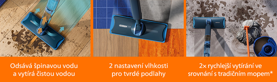 Elektrický mop Philips XV5113/01 OneUp vytírá špinavou podlahu na všech typech podlah