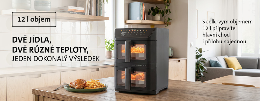 Fritéza horkovzdušná ETA Fritta Dual Slim 4167 90000 černá Černá dvouzónová horkovzdušná fritéza ETA Fritta Dual Slim s objemem 12 l připravující současně hranolky a kuře s různou teplotou