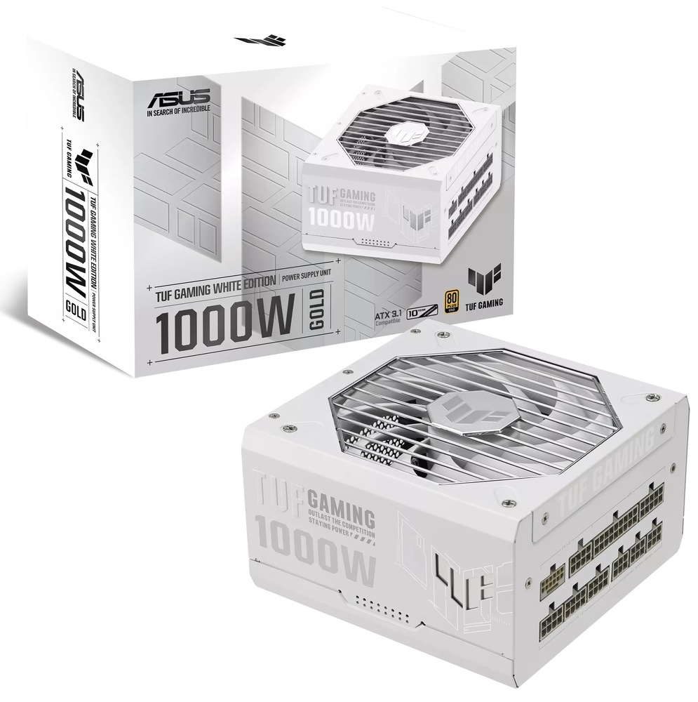 Zdroj Asus TUF Gaming 1000W WHITE 80+ Gold Snímek s ukázkou zabalení zdroje a ležícím bílým zdrojem na podložce před krabicí.