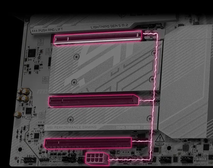 Základní deska MSI MPG B850 EDGE TI WIFI Detailní záběr základní desky s vyznačenými PCI sloty a růžově svítícími obvody. Design působí technicky a moderně a vyzařuje inovativnost.