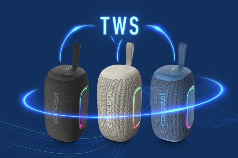Přenosný reproduktor Concept SoundJoy BR5020 černý Tři barevné varianty reproduktoru Concept SoundJoy s funkcí bezdrátového propojení TWS