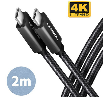 Kabel Axagon SPEED+ USB-C / USB-C, 2m,PD 100W, 4K HD, pletený černý AXABUCM32CM20AB