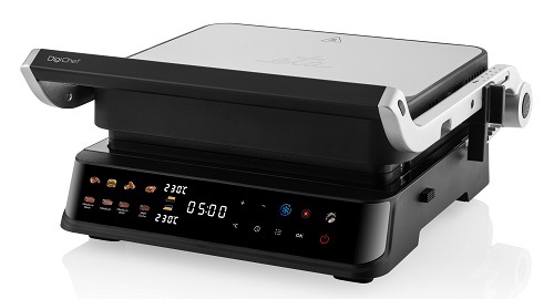 Elektrický kontaktní gril ETA DigiChef v černostříbrném provedení s rozsvíceným digitálním LED displejem
