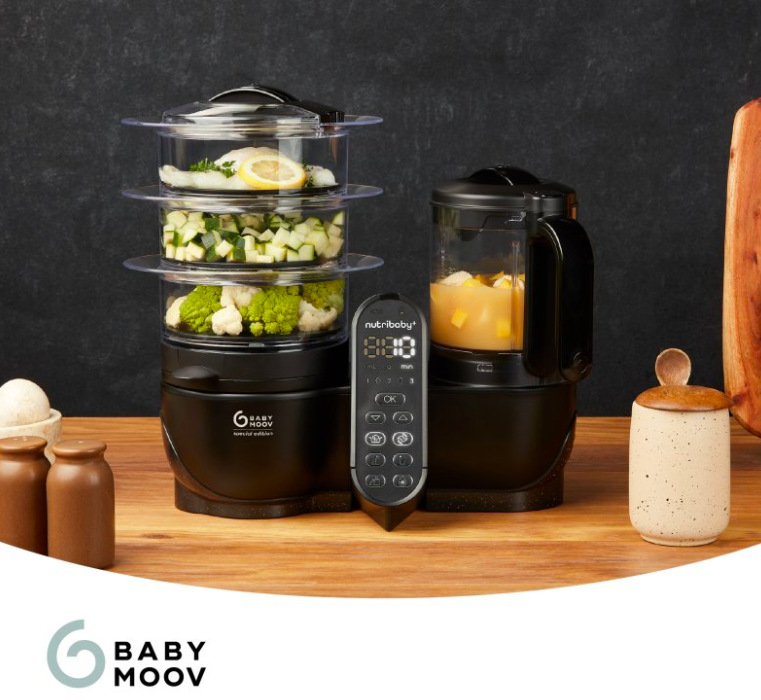 Multifunkční přístroj Babymoov Nutribaby+ XL černý Černý Babymoov Nutribaby+ XL s parními koši a mixovací nádobou na kuchyňské lince