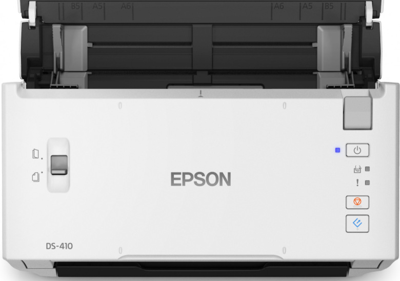 Ovládací tlačítka a kontrolky skeneru Epson WorkForce DS-410 pro rychlé spuštění skenování
