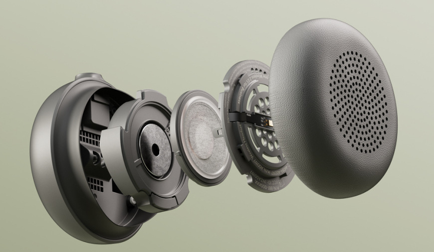 Explodovaný pohled na konstrukci náušníku headsetu Logitech Zone Wireless 2 ES zobrazující jednotlivé vrstvy měniče, výplně a krytu