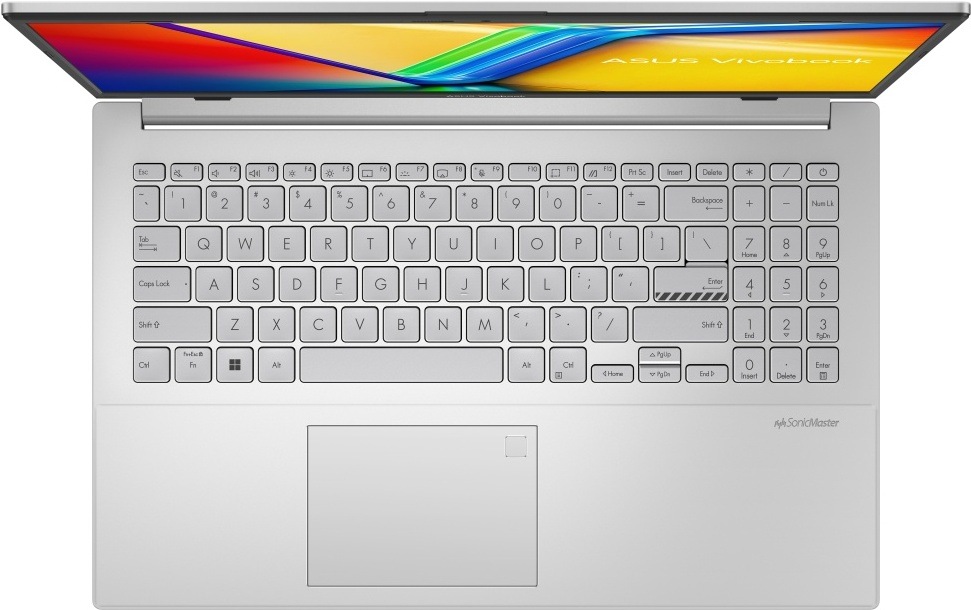Notebook Asus Vivobook Go 15 stříbrný Pohled shora na klávesnici a touchpad notebooku ASUS Vivobook Go 15