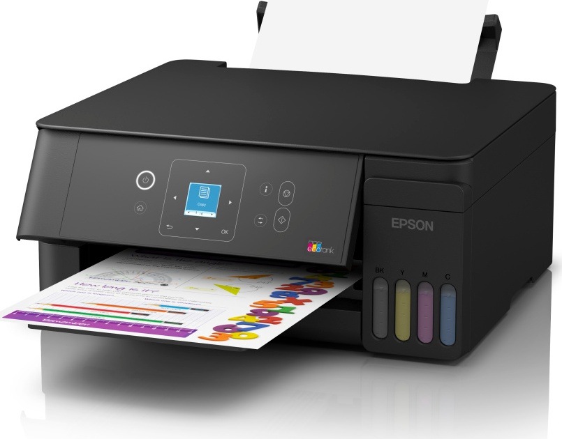 Multifunkční tiskárna Epson EcoTank při tisku barevného dokumentu