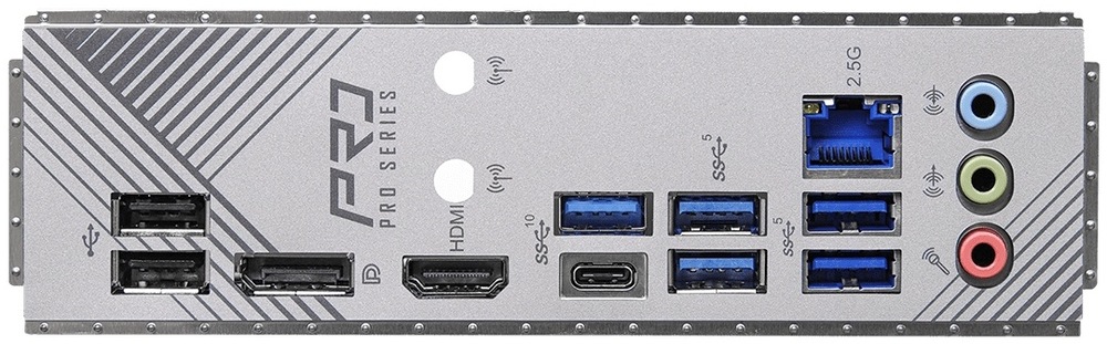 Na zadním panelu vidíme obrazové výstupy HDMI a DisplayPort, k tomu mix USB portů včetně USB-C 3.2 Gen2 a rychlého USB-A 3.2 Gen2. Nechybí RJ-45 (2.5Gb LAN) pro síť a tři audio jacky pro 7.1 zvuk.