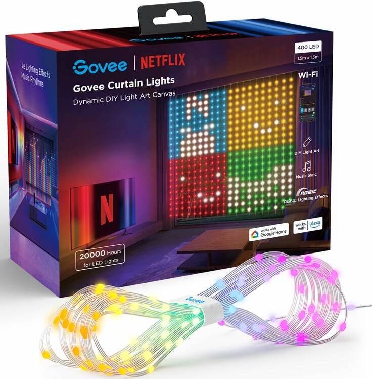 Balení Govee Netflix Curtain Lights 400 LED 1,5 × 1,5 m s Wi-Fi, RGBIC a podporou Alexa a Google Home