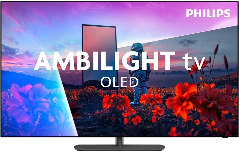 Čelní pohled na Philips OLED811 se zapnutou obrazovkou a logem Ambilight TV.