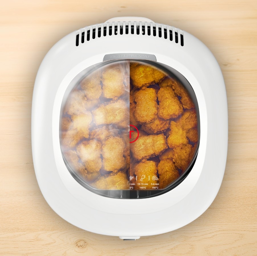 detail Fritézy Tefal Filtra Vision, FF2541E0 poukazující na smažení kuřecích nugetek 