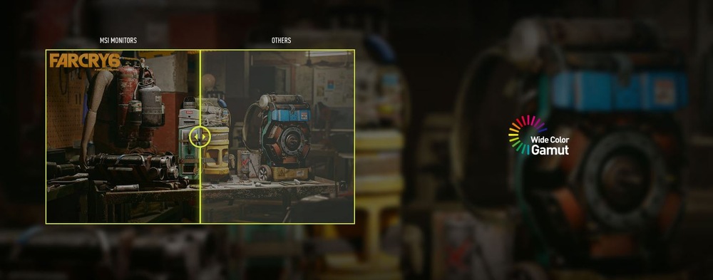 Herní monitor MSI MAG 274QRFW E20 bílý Rozdělený obrázek porovnávající vizuální kvalitu: Levá polovina zobrazuje zářivou a detailní grafiku z Far Cry 6; pravá polovina je matnější. Text: „Wide Color Gamut“ na pravé straně.
