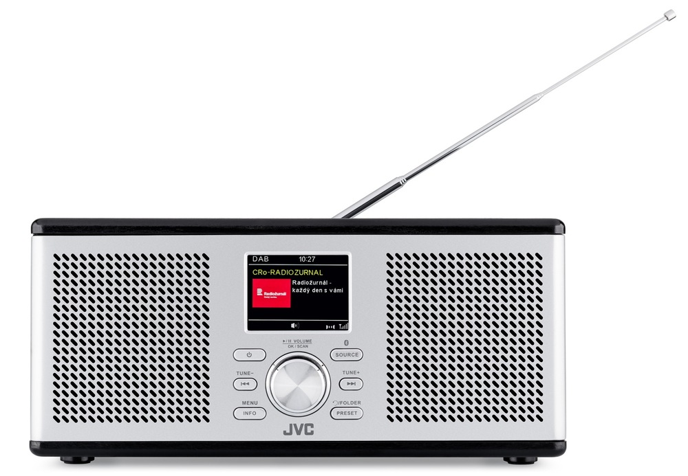 Radiopřijímač s DAB+ JVC RA-E775B-DAB černý/stříbrný Stříbrný čelní pohled na radiopřijímač DAB JVC RA-E775B-DAB s barevným LED displejem