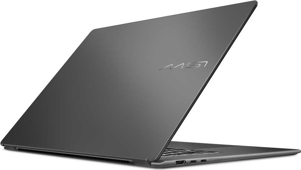 Notebook MSI Prestige 16 AI+ C3MG-240CZ šedý Zadní strana notebooku MSI Prestige 16 AI+ s porty USB-A, USB-C a tichým chodem díky chlazení