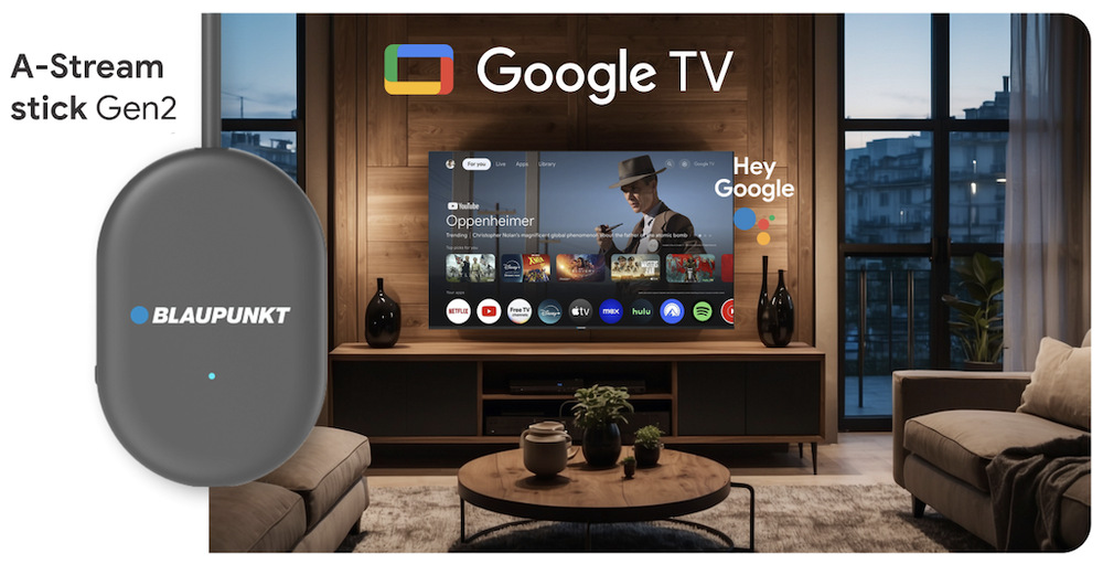 Multimediální centrum Blaupunkt A-Stream Stick Gen2 s prostředím Google TV na televizoru