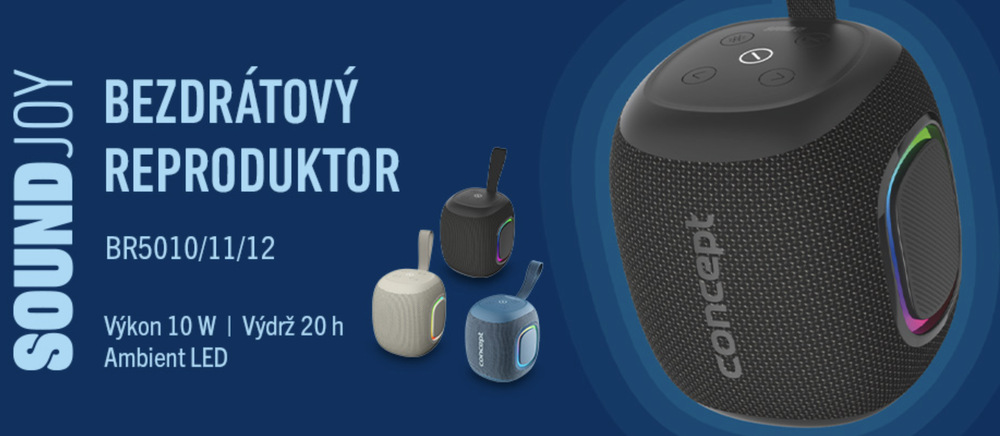 Přenosný reproduktor Concept SoundJoy BR5010 černý Reproduktory Concept SoundJoy BR5010, BR5011 a BR5012 s výkonem 10 W, výdrží 20 hodin a LED osvětlením