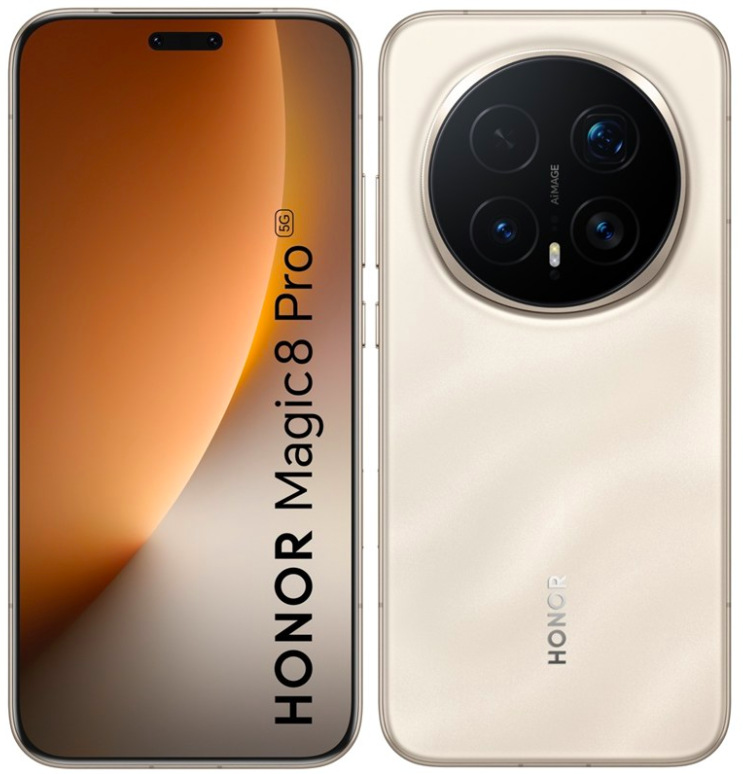 Mobilní telefon HONOR Magic8 Pro 5G 12 GB 512 GB ve zlaté barvě, pohled zepředu a zezadu
