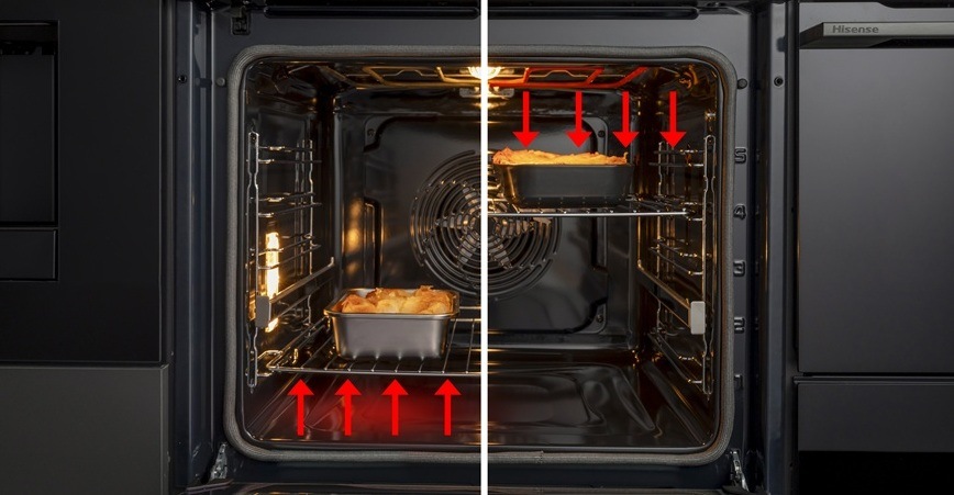 Trouba Hisense BI614P8B černá Detail vnitřního prostoru trouby Hisense BI614P8B s porovnáním režimu spodního ohřevu a horního grilu, kde grafické šipky ukazují distribuci tepla pro rovnoměrné pečení i křupavou horní vrstvu pokrmu.