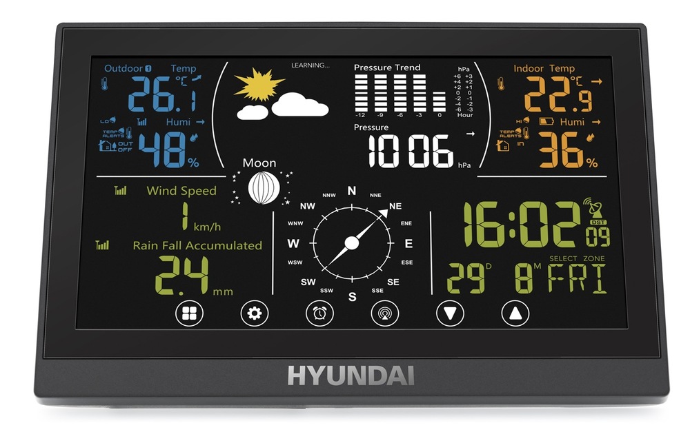 Meteorologická stanice Hyundai WSP 5100 RWIND černá Čelní pohled na hlavní jednotku meteostanice Hyundai WSP 5100 RWIND zobrazující naměřené informace o teplotě, vlhkosti, srážkách, větru