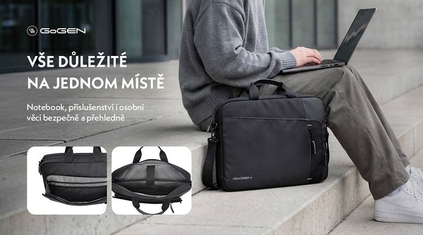 Pouzdro na notebook GoGEN Sleeve Pro 15" černé Černá brašna na notebook GoGEN položená u židle v kavárně, detailní záběr na kapsu s organizérem a text 'Styl a bezpečí pro váš notebook'