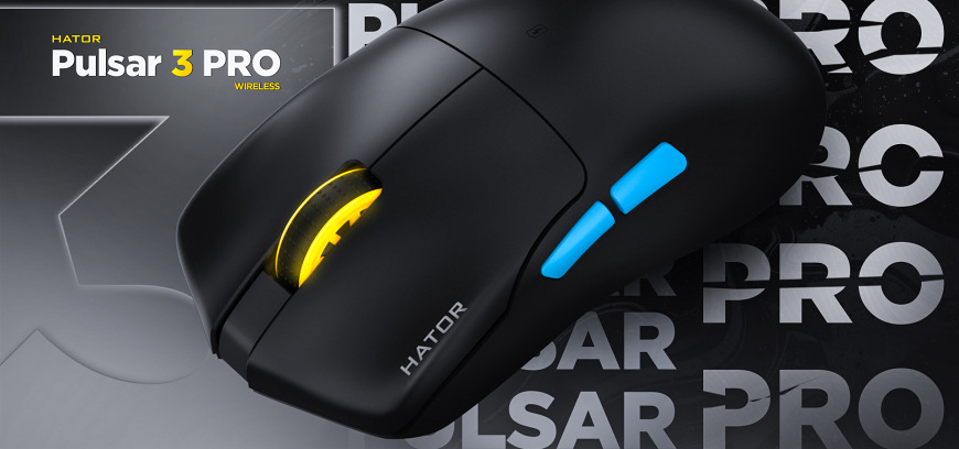 Myš HATOR Pulsar 3 PRO černá HATOR Pulsar 3 Pro Wireless s podsvíceným kolečkem na pozadí s názvem řady