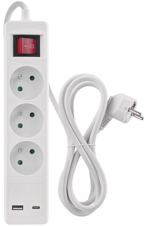 Kabel prodlužovací EMOS 3x zásuvka, 1×USB-A + 1×USB-C vypínač, 2m - bílý