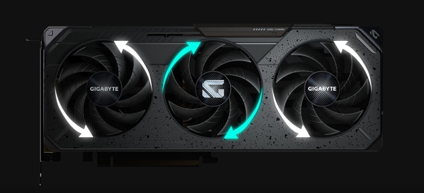 Detail tří ventilátorů WINDFORCE grafické karty řady Gaming s technologií alternujícího otáčení
