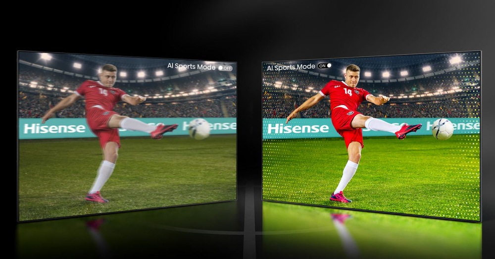 Dvě obrazovky televize hisense vedle sebe, na obou je fotbalista. Jsou videt rozdily při aktivovanem sportovnim rezimu a bez nej