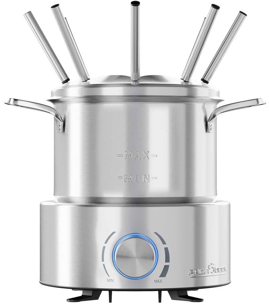 Fondue Profi Cook FD 1288 nerez Fondue ProfiCook FD 1288 z čelní strany se svítícím termostatem