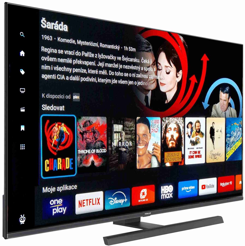 Televize Finlux natočená mírně doprava, na obrazovce televize je domovská stránka OS Tivo