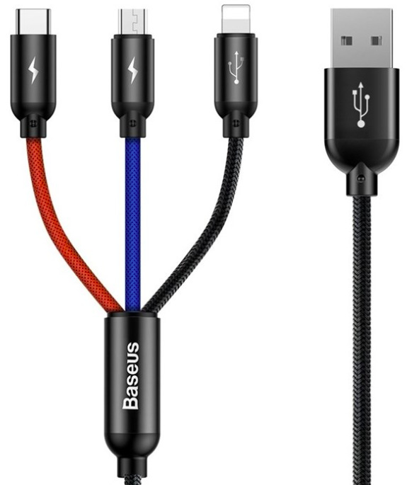 Kabel Baseus 3v1 USB/microUSB+Lightning+USB-C, 3,5A, 1,2m - černý