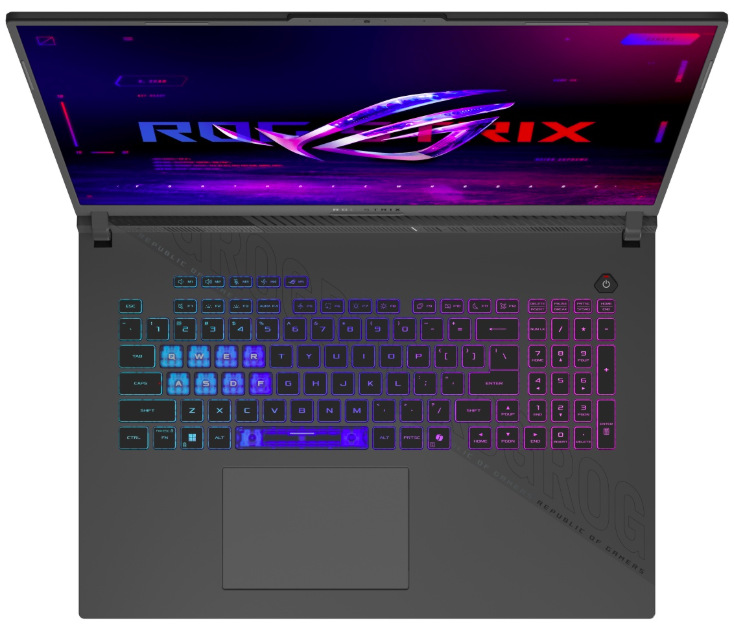 Pohled shora na RGB klávesnici s numerickou částí, klávesou Copilot a touchpadem
