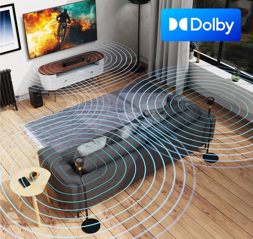 Rozmístění soundbaru, subwooferu a dvou zadních reproduktorů Majority Bowfell Halo pro prostorový zvuk Dolby 5.1.