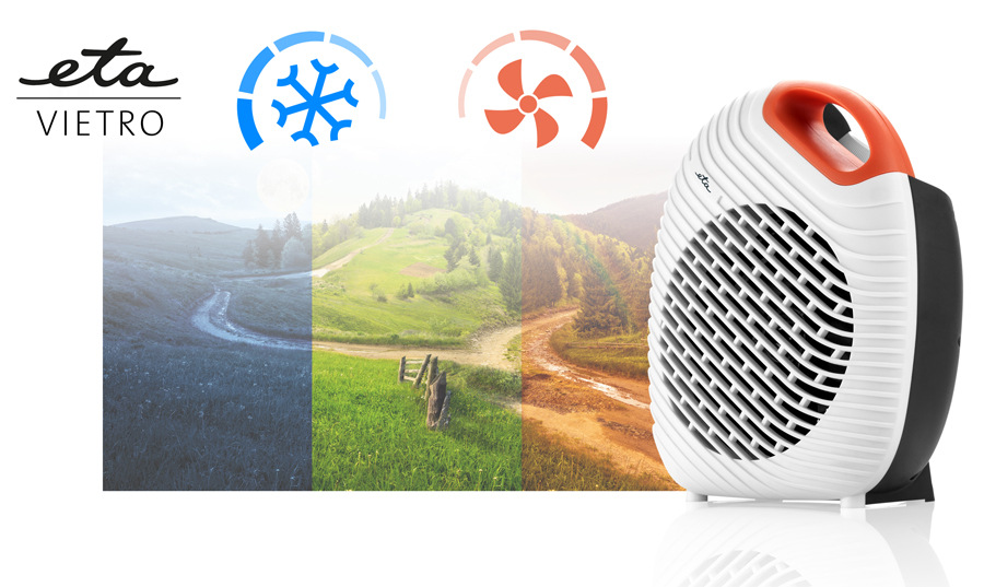 Bílo-šedý teplovzdušný ventilátor ETA Vietro s oranžovým madlem, zobrazený na pozadí, které symbolizuje chlazení (modrá vločka) a topení/ventilaci (oranžová vrtule)