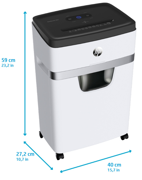Rozměry skartovače HP OneShred 18CC 59 × 40 × 27,2 cm s kolečky pro přesun po kanceláři