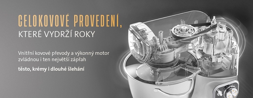 Průhled na vnitřní konstrukci kuchyňského robotu ETA Gratus EVO Max II s důrazem na celokovové převody a motor. Text: Celokovové provedení, které vydrží roky; zvládne těsto, krémy i dlouhé šlehání