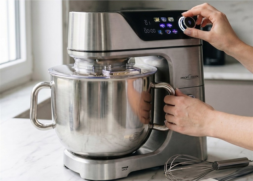 Kuchyňský robot Profi Cook KM 1338 stříbrný Ruce nastavují rychlost kuchyňského robota ProfiCook vedle mísy s těstem.