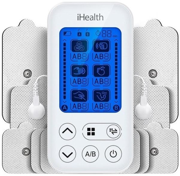 Bílý elektrostimulátor iHealth Soothe TENS s modře podsvíceným displejem a elektrodami