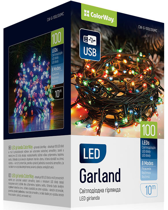 Vánoční osvětlení ColorWay vnitřní, 100 LED, USB, 10m, vícebarevné