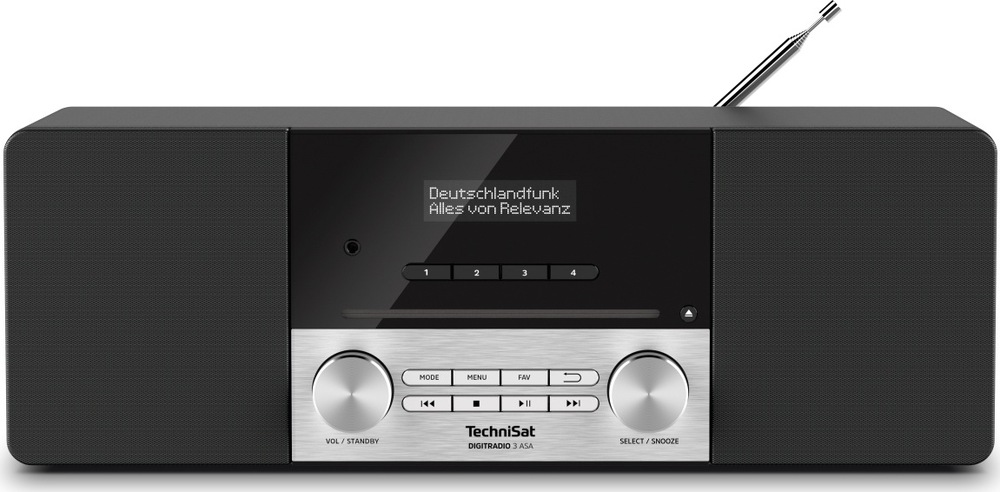 Radiopřijímač DAB+/CD TechniSat DIGITRADIO 3 ASA černý/stříbrný Čelní pohled na černostříbrný radiopřijímač TechniSat. Uprostřed má displej, štěrbinovou CD mechaniku, tlačítka a dva otočné ovladače, po stranách dvojici reproduktorů. Nahoře vyčnívá teleskopická anténa.
