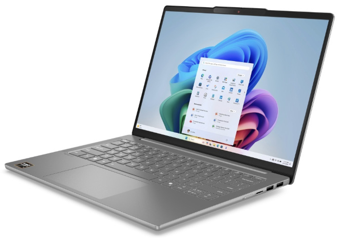 Notebook Lenovo IdeaPad Slim 5 14AKP10 šedý Šedý Lenovo IdeaPad Slim 5 14AKP10 z pravého úhlu s otevřenou nabídkou Windows 11