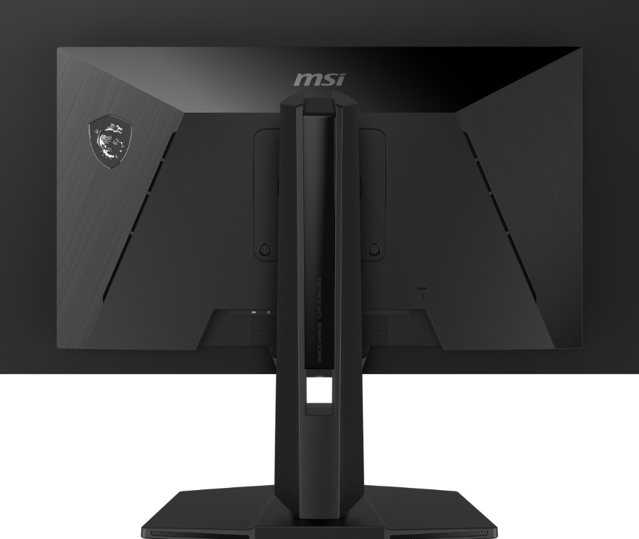 Zadní strana monitoru MSI MAG 273QP QD-OLED X24 s držákem a designovým panelem