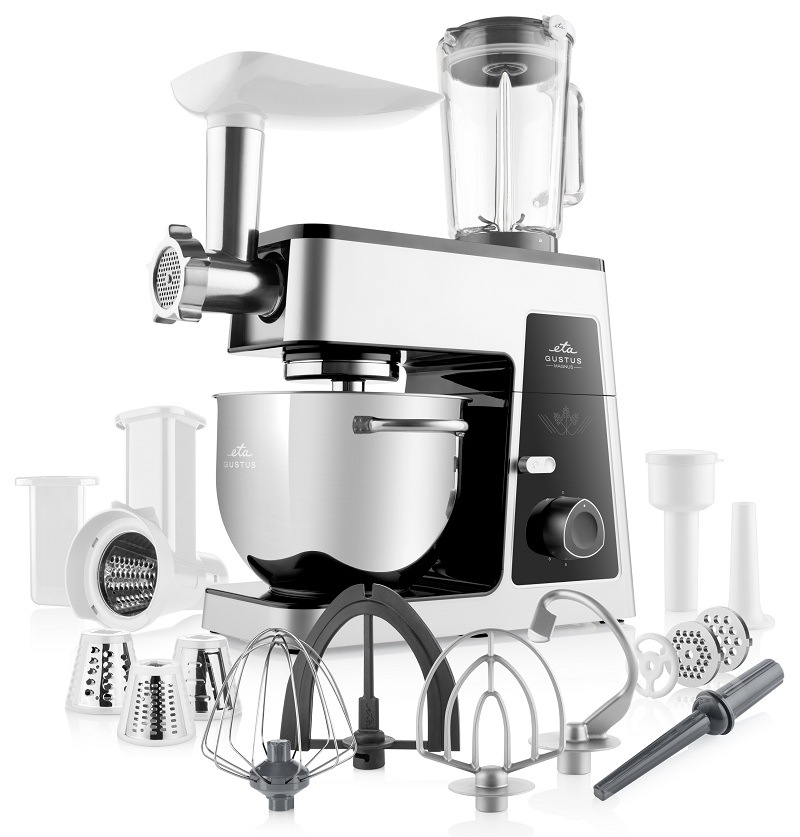 Kuchyňský robot ETA Gustus V Magnus s nerezovou mísou, mlýnkem na maso, skleněným mixérem a kompletní sadou šlehacích metel i struhadel.
