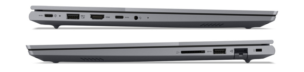 Notebook Lenovo ThinkBook 16p G6 ADR šedý Zavřený notebook Lenovo ThinkBook 16p G6 ADR z obou profilů zobrazující porty