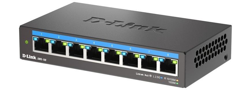 Switch D-Link DMS-108/E 8-port 2.5G Multi-Gigabit černý Detail obrázku switche.