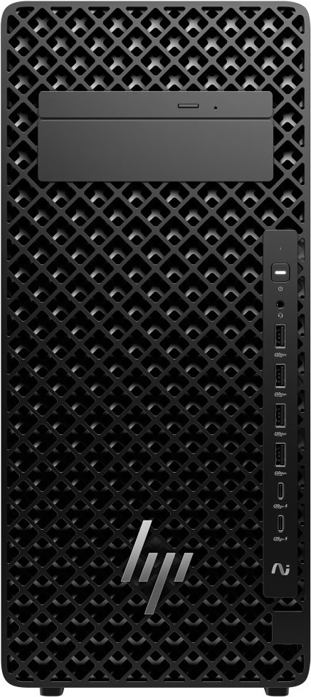 Stolní počítač HP Z2 Tower G1i černý Na obrázku je čelní pohled na černý stolní počítač HP Z2 Tower G1i. Celé čelo pokrývá výrazná perforovaná mřížka s pravidelným kosočtvercovým vzorem. Nahoře je široká pozice pro optickou mechaniku a vpravo svislý ovládací panel s tlačítkem zapnutí, audio konektorem, čtyřmi USB porty a dvěma USB-C porty. Ve spodní části je výrazné logo HP.