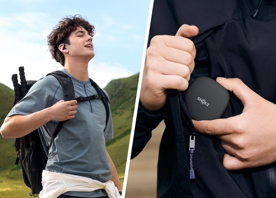 Sluchátka Shokz OpenFit Air 2, Bluetooth černá Na jedné polovině obrázku je mladý muž, který se sluchátk OpenFit Air 2 běží, na druhé půlce fotografie je znázorněno, jak si ochranné pouzdro, které je součástí sluchátek, dává do kapsy od bundy.